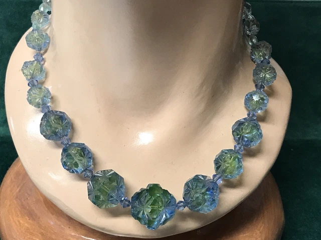 Antique Carved  Flourite? Varying Sized Beads Needs Restringing Glows In UV