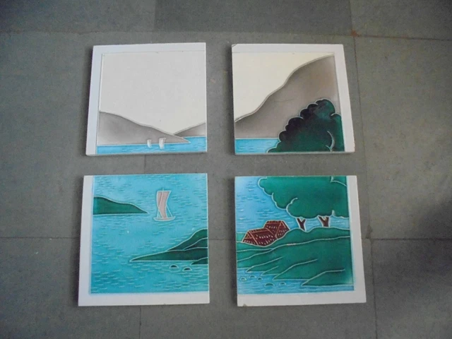 4 Pc Vintage Natural Lake Scenery Design T.S Trademark Ceramic Tiles,Japan 4