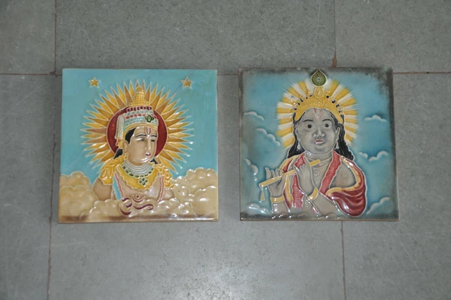 2 Pc Vintage Lord Krishna Figurine Colorful Embossed Ceramic Tiles, Japan