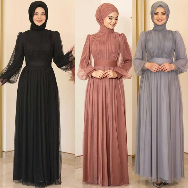 Donna Abito da Sera Tulle Vestito Abiye Hijab a Maniche Lunghe Maxi 36-48
