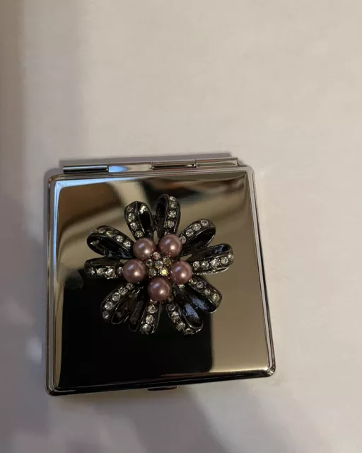 Retro Silver Square  W/ Black Enamel Crystal Pearl Flower Bouquet Mirror Compact