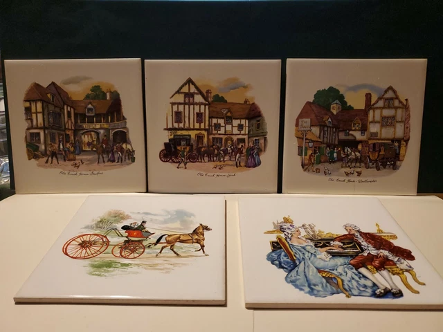 5 Vintage ceramic tiles  with pictures Made in England 6" x 6" H&R JOHNSON ltd