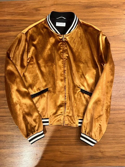 Saint Laurent Men Ribbed Bomber Jacket Size 54 XL Gold Orange Black Velvet Teddy