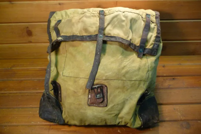 Vintage Heavy Tan Canvas & Leather Backpack Rucksack Pack Bag Mountain Man