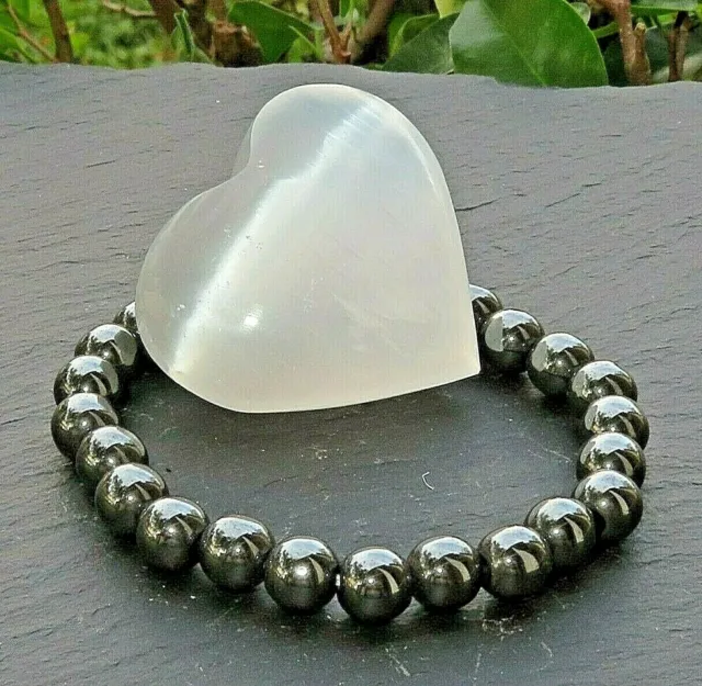 Reiki Healing  Hematite Bracelet  8mm Beads +Selenite Heart