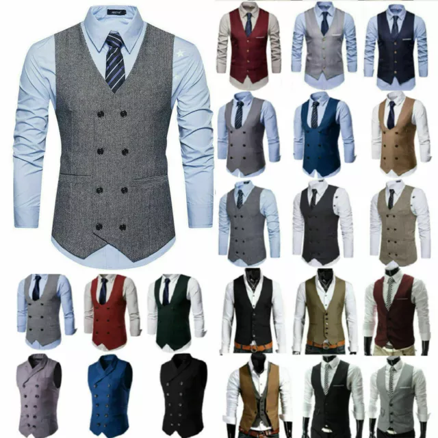 Mens Double Breasted Waistcoat Business Formal Slim Fit Suit Vest Jacket Coat