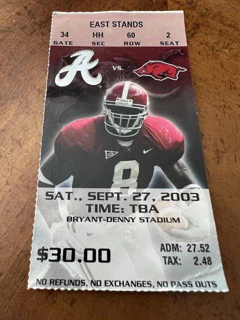 2003 Arkansas vs Alabama Football Ticket Stub, September 27, 2003