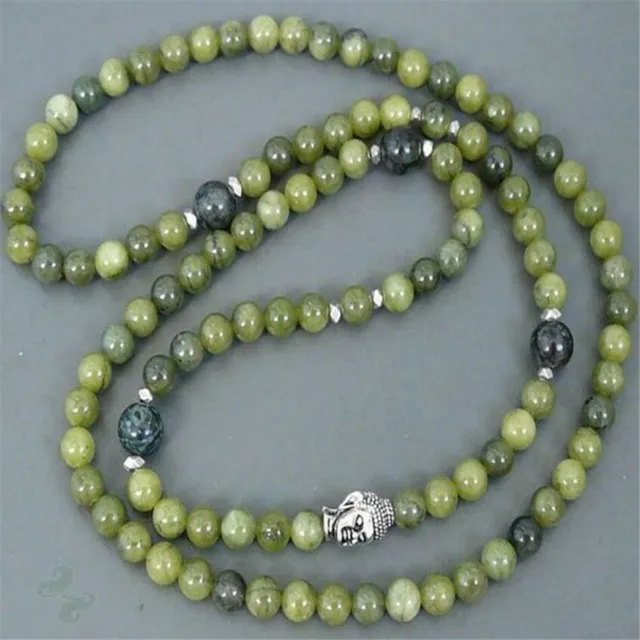 6MM Green Jade Bracelet 108 Beads Buddha Head Buddhism Yoga Mala Lucky