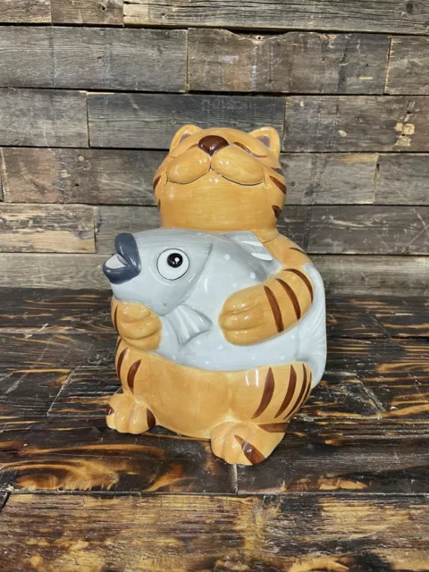 VINTAGE COLLECTIBLE ORANGE Tabby Cat with Fish Ceramic Cookie Jar $48.00 -  PicClick