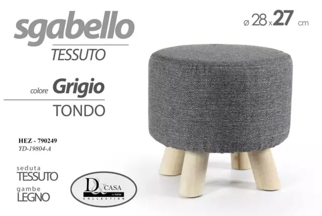 Pouf Sgabello Poggiapiedi TONDO GRIGIO SCURO TESSUTO Pouff Gambe Legno 28*27