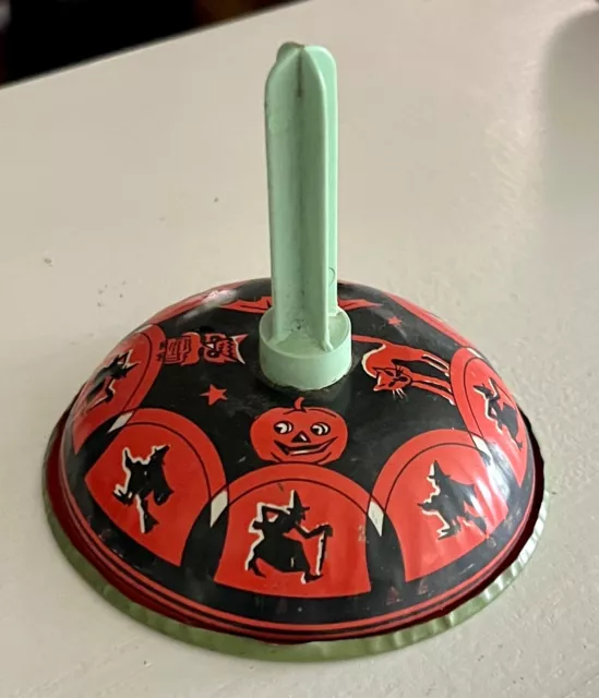 Vintage US Metal Toy MFG Halloween Tin Bell Rattle Noisemaker Cat Witch Bat