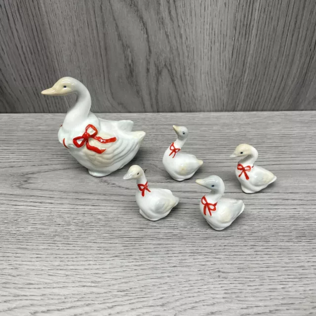 Vintage  Takahashi Porcelain Duck Figurines Hand painted Mama & Ducklings