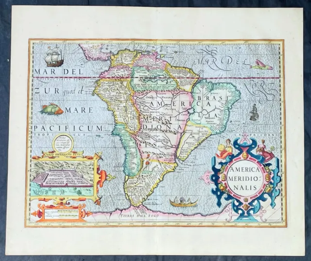 1628 Henricus Hondius Antique Map of South America, inset of Cusco - Beautiful