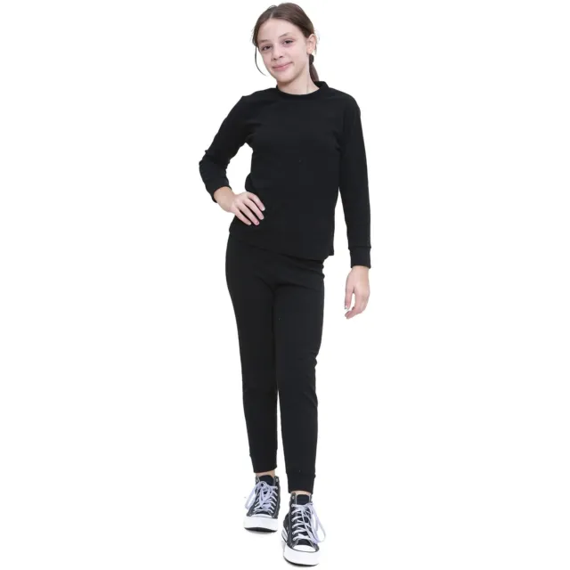 Kids Girls Ribbed Top And Bottom Black Tracksuit Loungewear Fashion Outfit Set