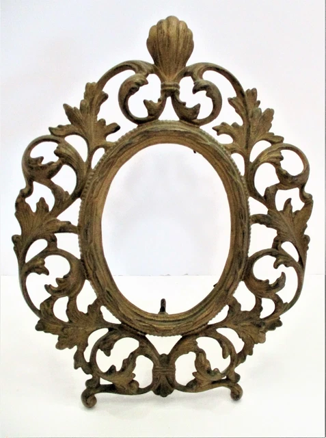 Vintage Ornate Heavy Metal Brass Oval Picture Frame with Swing Out Stand