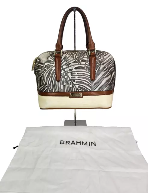Brahmin Vivian Silver Loreto Leather Satchel Bag Monstera Floral RARE Issues