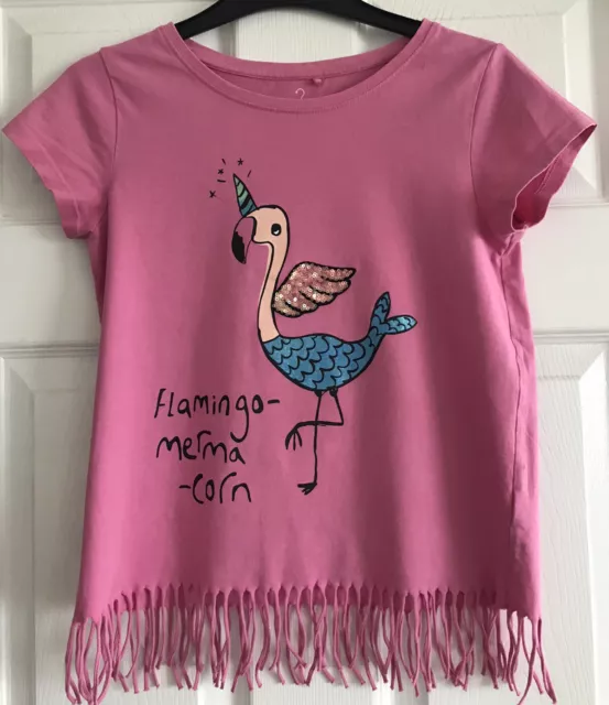 Next Girls Pink Flamingo-Merma -Corn Top Holiday/Beach Tassle Sequin Age 10 Yrs