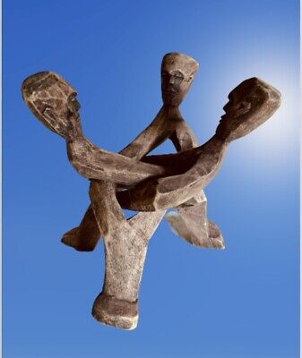 African Wood Sculpture Circle of Friends Unity Carving 3 Men interlocked