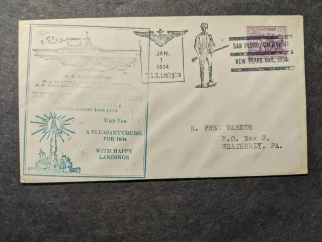 USS LEXINGTON CV-2 Naval Cover 1934 HAPPY NEW YEAR Cachet SUNK WWII