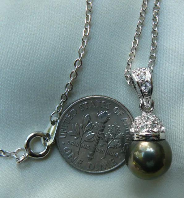 Perle de Tahiti 10 mm fausse perle avec CZ et chaîne argent sterling 24 pouces 2
