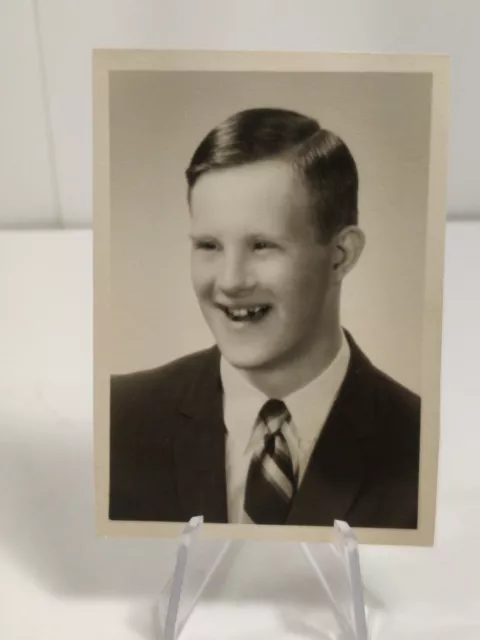 School Photo Young Boy With Down Syndrome Black White 2 1/2 X 3 1/2