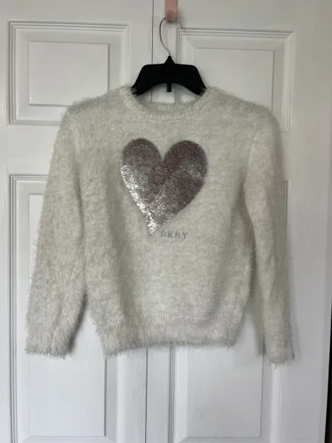 DKNY White Fuzzy Sweater, Flip Sequin Heart Silver & Pink, Girls Size L