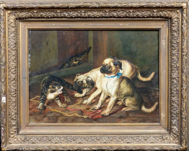 19th Century French School Pug Puppies & Tabby Cat Barn Scene Signed Painting