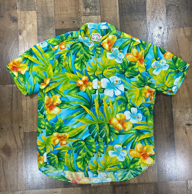 Vintage Jams World Mens Shirt Large Blue Green Hawaiian Button Up Casual Top