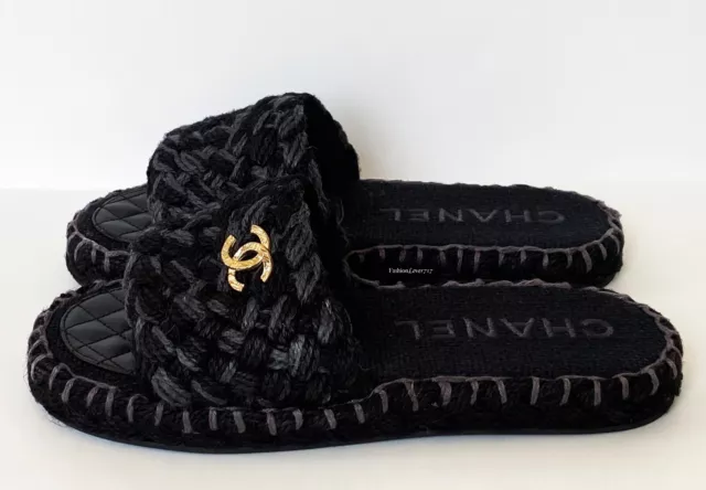 NEW CHANEL BLACK Cord CC Logo Mules Sandals Slides 40 10 $649.99