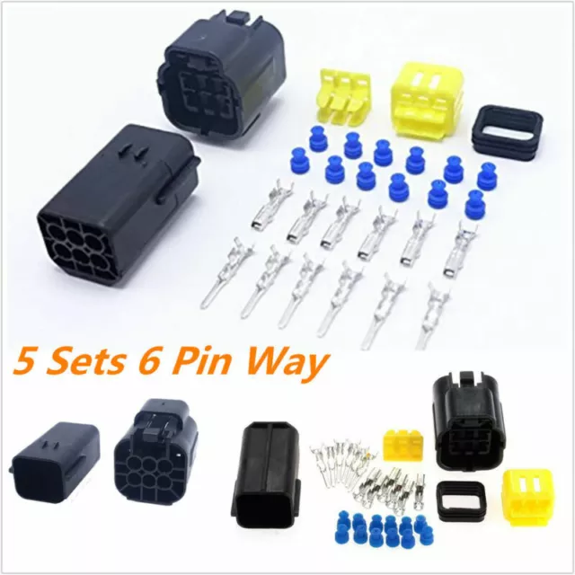 5Kit 6 Pin Way Amp Sealed Waterproof Electrical Wire Connector Plug Terminal Set