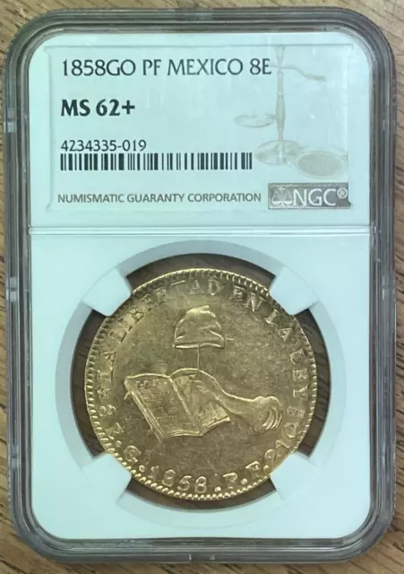1858 GO PF Mexico Gold 8 Escudos NGC MS-62+, Only 1 Coin Graded Higher @ MS-63