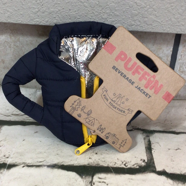 Puffin Beverage Jacket Puffer Coat Beer Soda Can Koozie Blue Drink Insulate New
