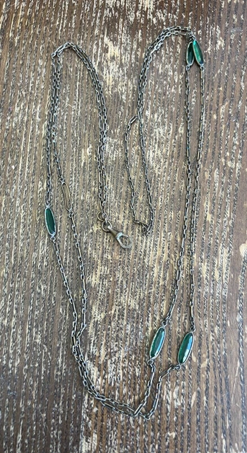 Old Silver Brass ? Chain Large Green Glass Station Single Chain Accessory- As Is
