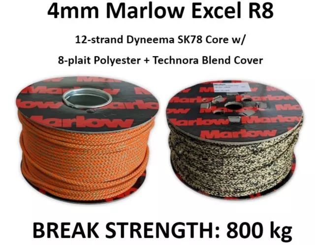 4mm Marlow Excel R8 Dyneema Rope *PER METRE* Halyard Skiff Boat Sailing Technora