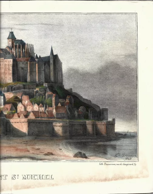 1848 Lithographie PECQUEREAU aquarellée CHESNAY Mont-St-Michel par DEVAUX