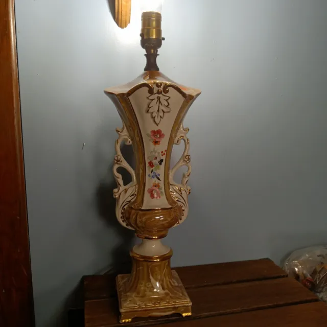 Vintage Ceramic Table Lamp, Floral, Gold Accents, Ornate, Victorian