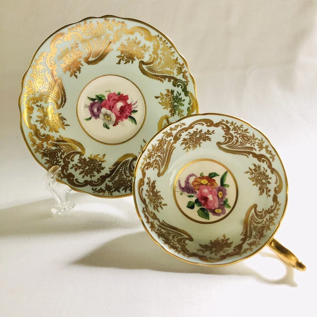 Vtg Paragon Double Warrant Queen Mary Teacup and Saucer Floral Aqua Gold A565