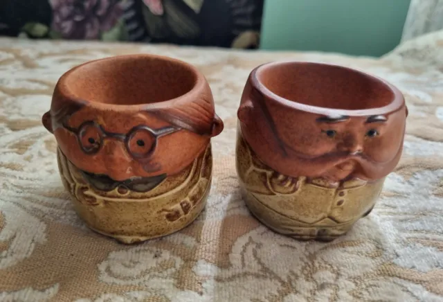 Vintage Gempo pottery egg cups, old woman and old man made in Japan, as new