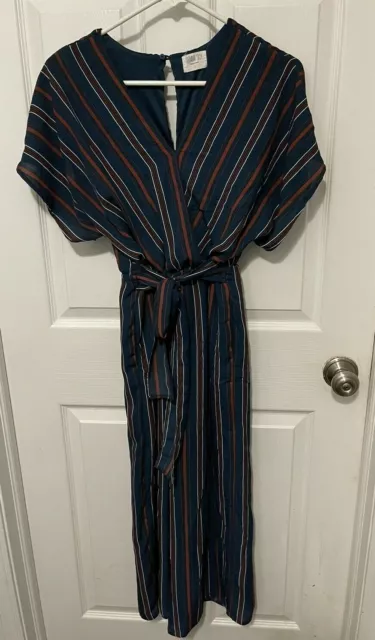 Sienna Sky Navy Blue Striped Tie Front Jumpsuit/Romper Size S EUC Short Sleeve