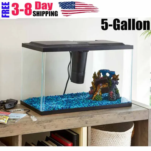 Glass Fish Tank Desktop Aquarium Starter Kit 5 Gallon Low-profile Hood LED Light