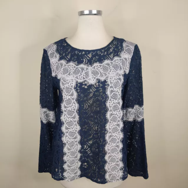 Ann Taylor Loft Floral Lace Blouse Top Small Long Flare Sleeve Navy White