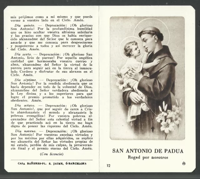 estampa antigua de San Antonio de Padua santino holy card image pieuse