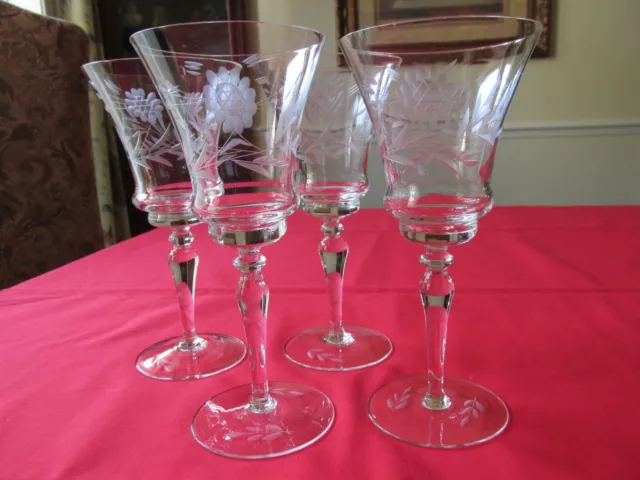 (4) Vtg 1950s Arcadia ARE21 Cut Sunflower Blown Crystal Water Goblets 7 3/4"