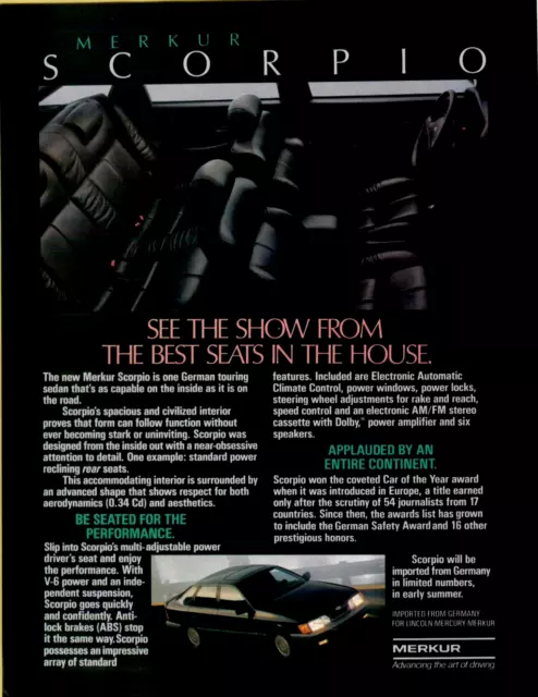 1987 Merkur Scorpio Black Sedan V-6 Performance Interior Photo VINTAGE PRINT AD