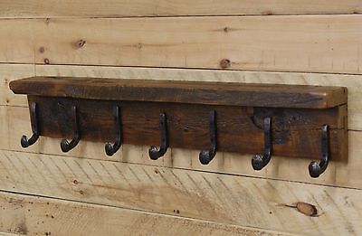 42" Reclaimed Wood Coat Rack with 7 Railroad Spike Hooks and shelf