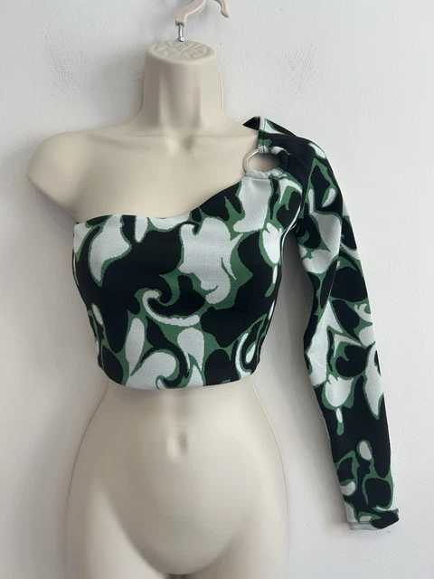 ZARA ONE SHOULDER Knit Crop Top Size S Single Sleeve Black Green