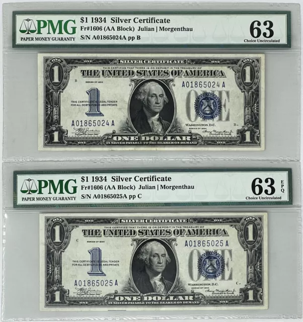 1934 Fr. 1606 $1 Unc. Silver Certificates Consecutive Pair, PMG 63-EPQ & PMG 63