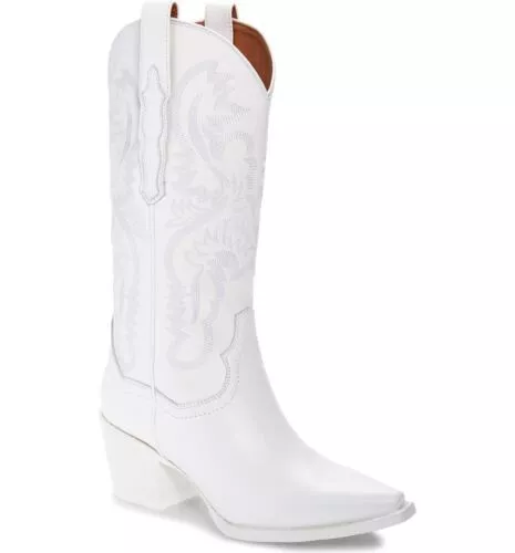 Jeffrey Campbell Dagget White Combo Pull On Block Heel Pointed Toe Western Boots