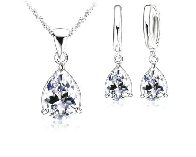 925 Sterling Silver CZ Waterdrop Crystal Necklace Pendant and Earring Set *UK*