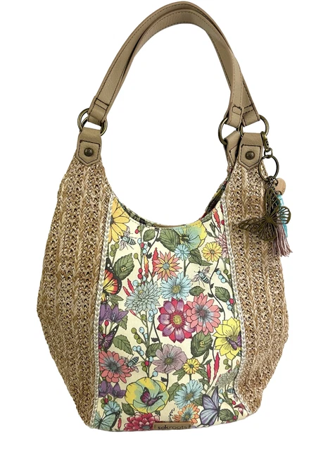 Sakroots Roma Hobo Handbag Floral Straw Canvas Shoulder Bag Purse Brand New